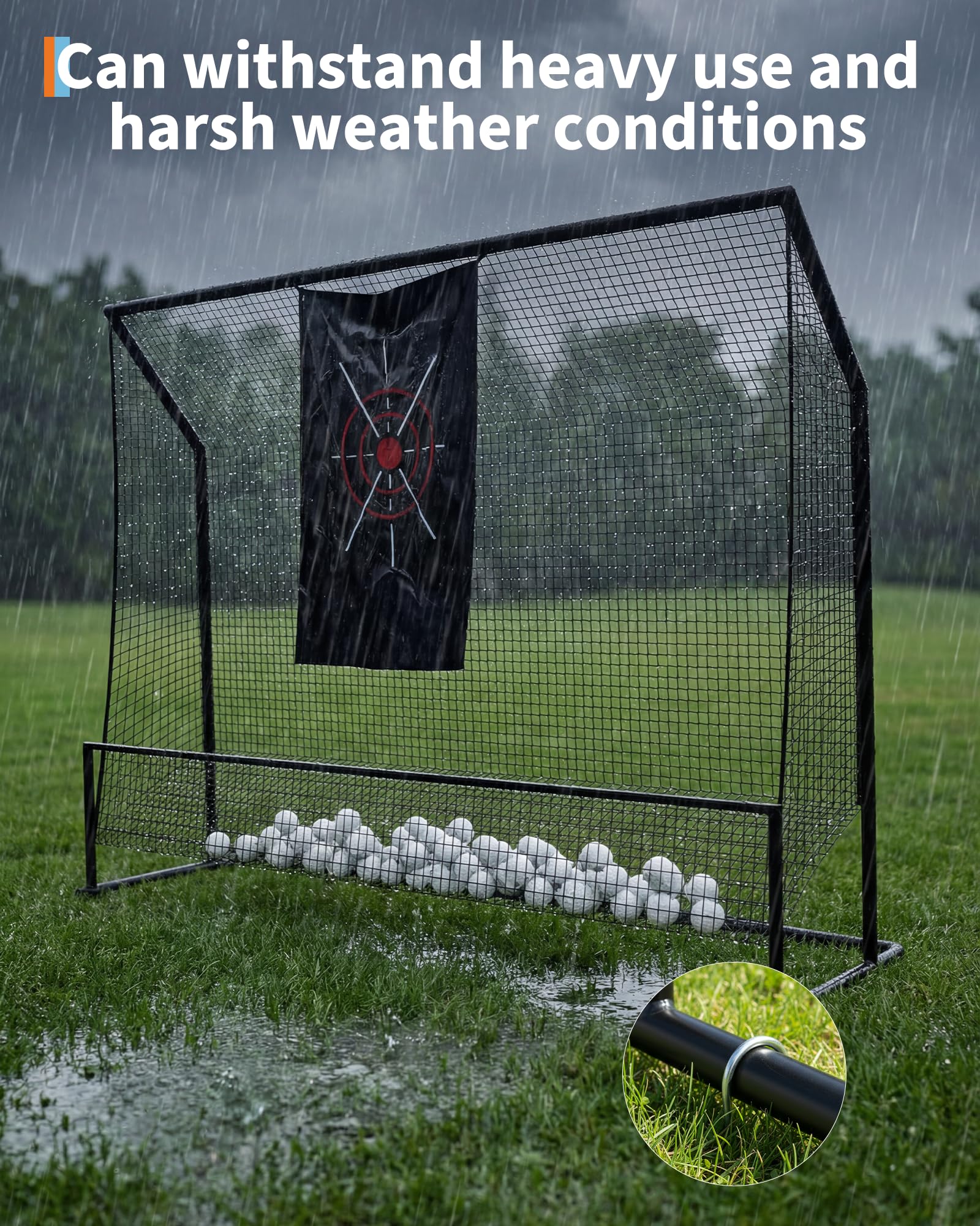 Black golf hitting net standing outdoors in rain with a close view of the coated steel tube connection