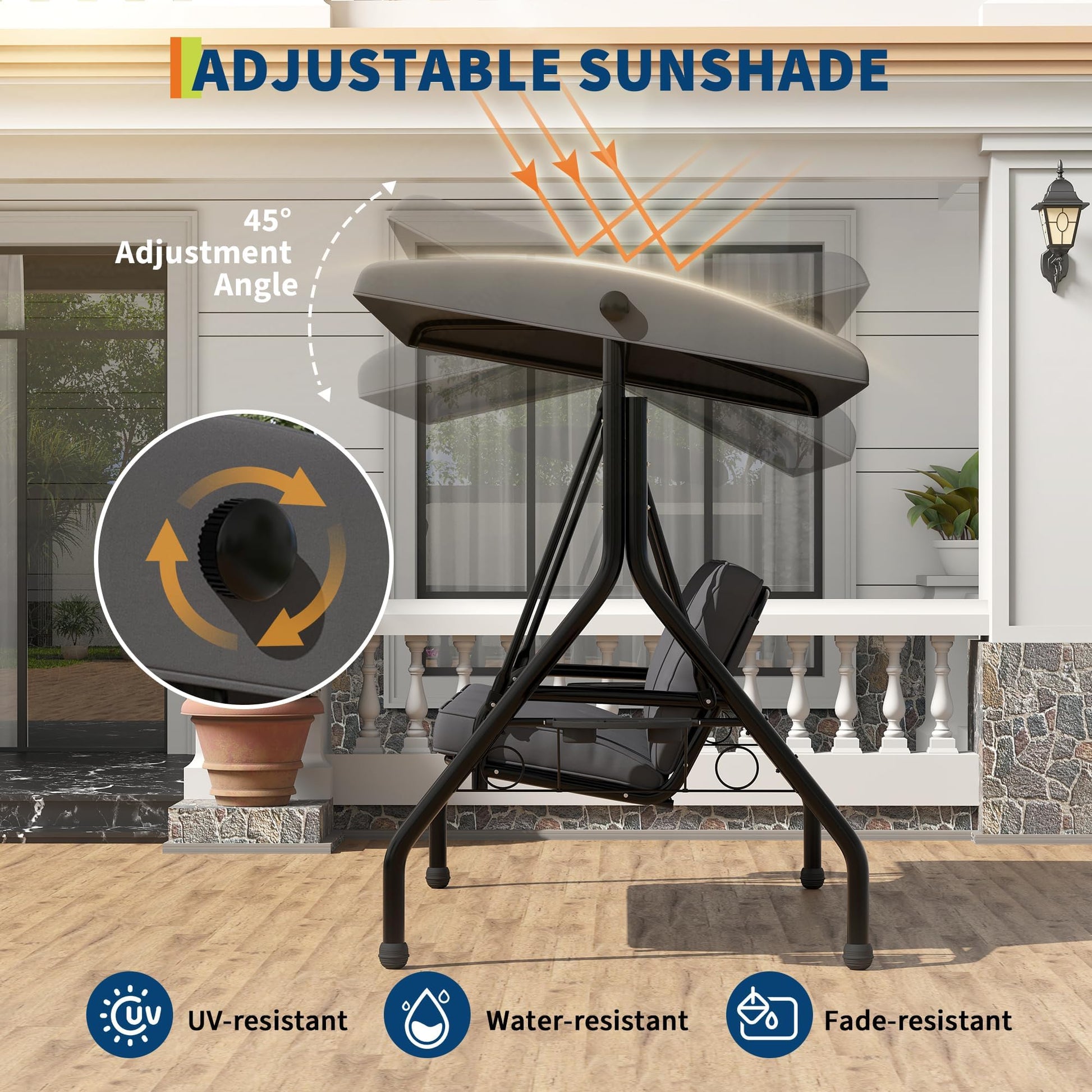 Adjustable sunshade canopy on outdoor porch swing