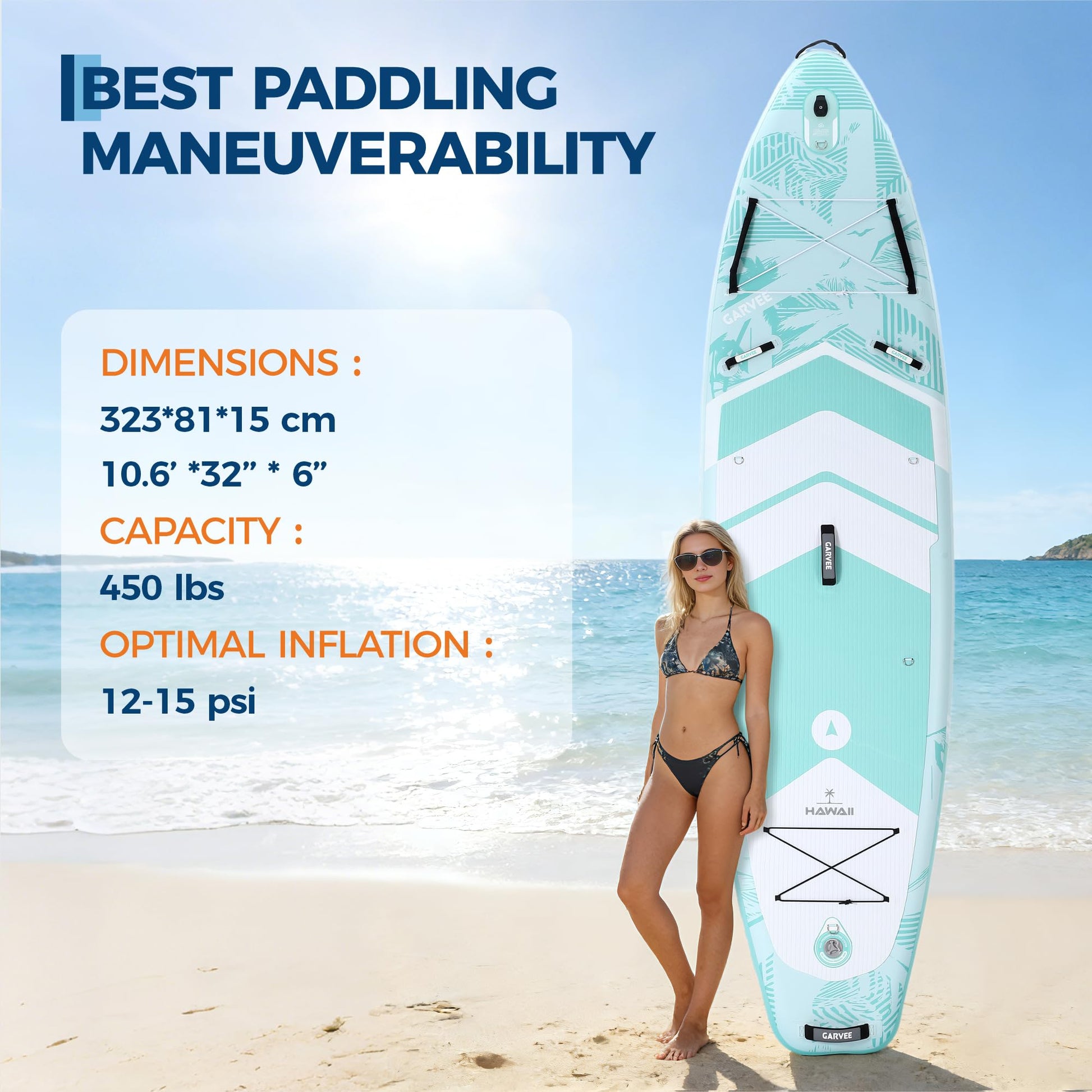 10.6 ft inflatable paddle board with size capacity and inflation details