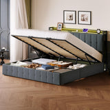 Garvee King Bed Frame with Lift Up Storage, Upholstered Velvet, LED Lights, Hydraulic Support, Grey - Grey & Lights