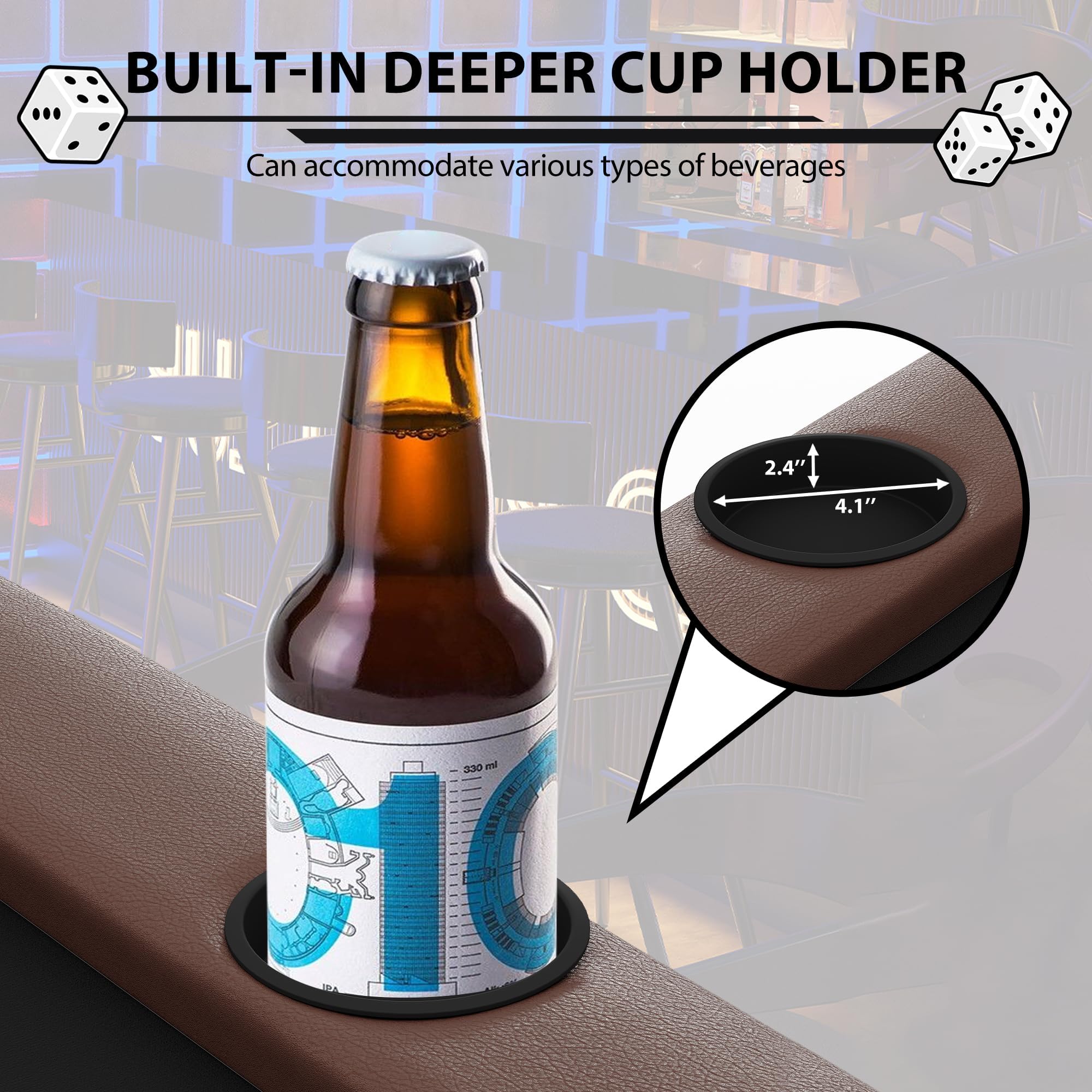 Deep built-in cup holder on poker table
