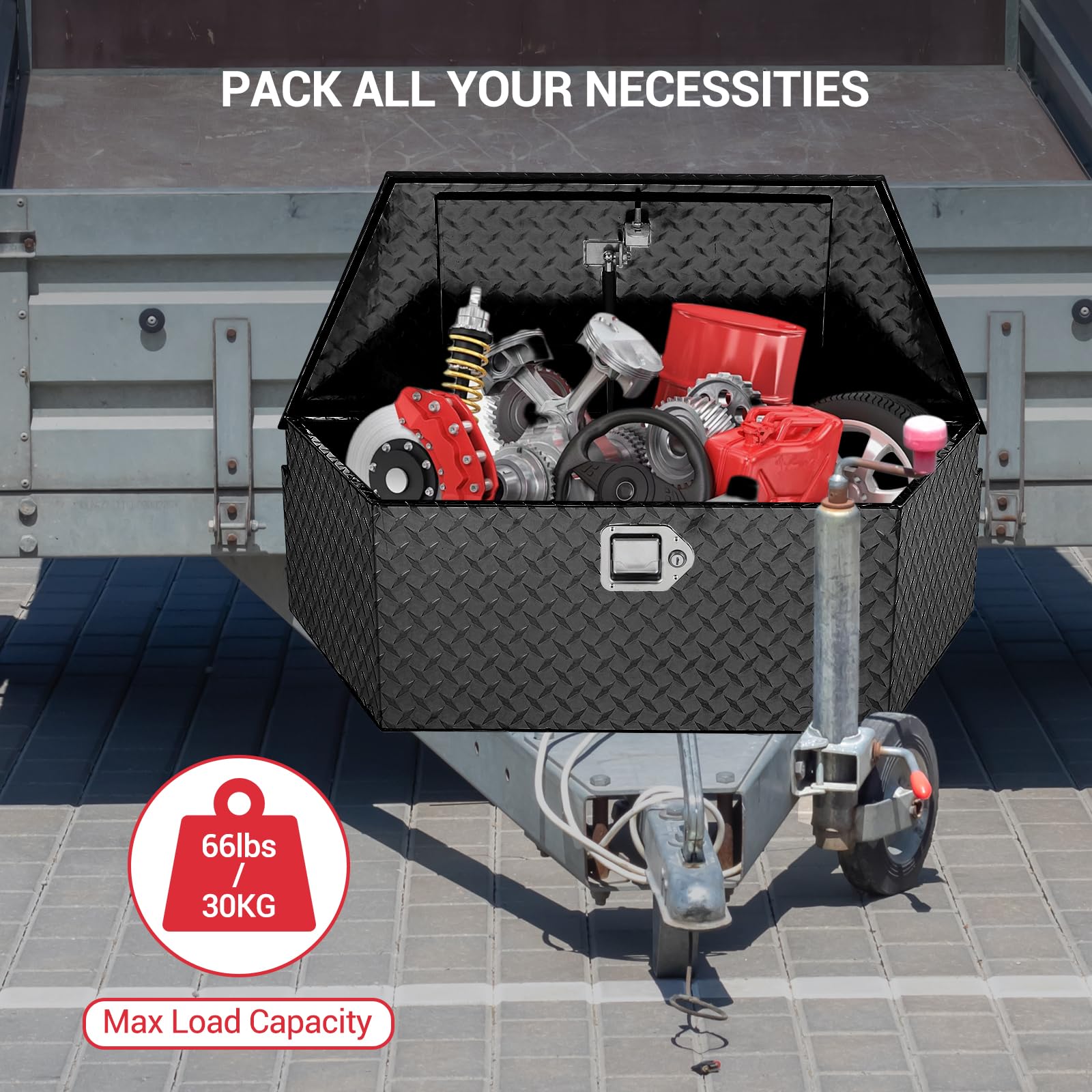 Trailer tongue box packed with tools and supplies