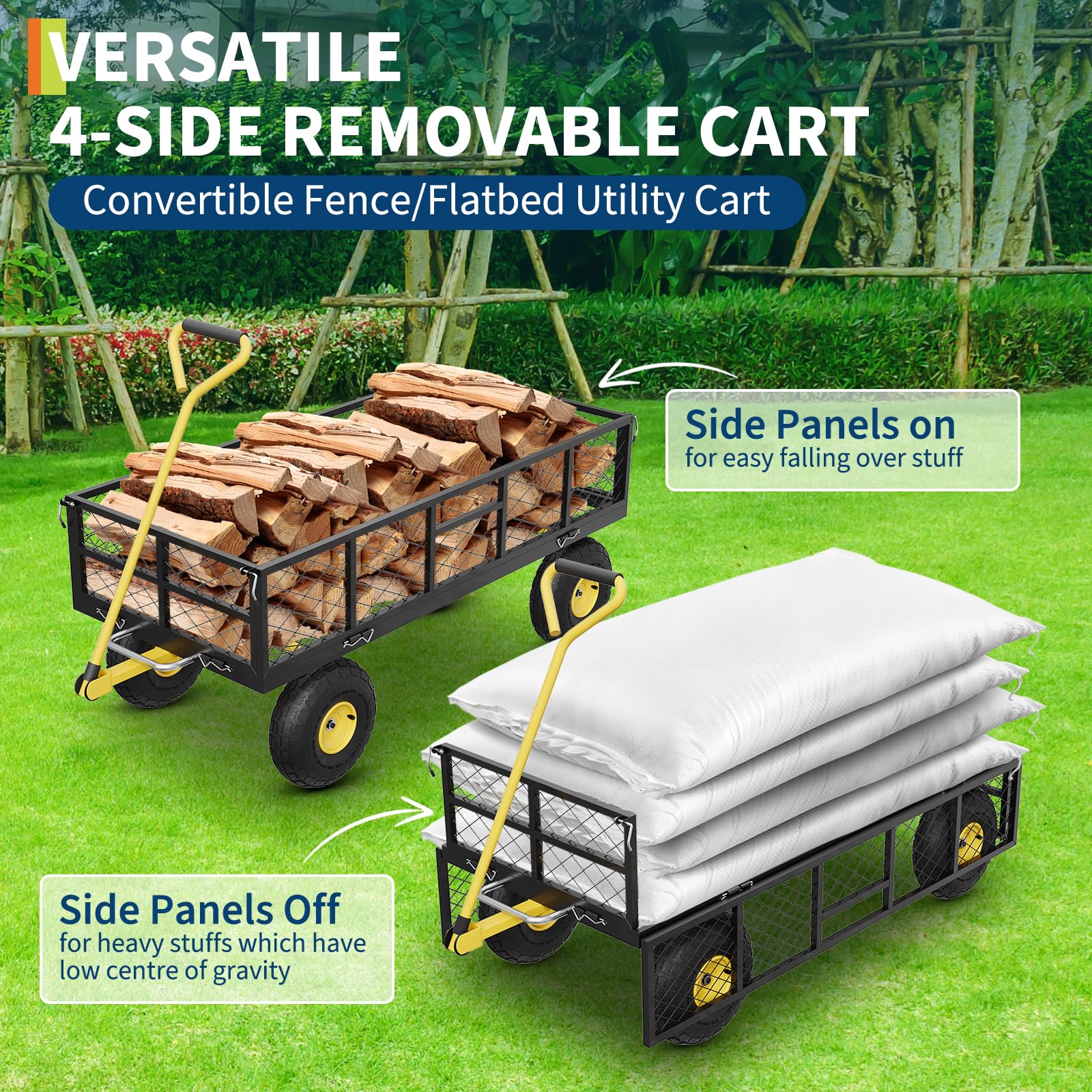 black garden dump cart with removable side panels and flatbed setup