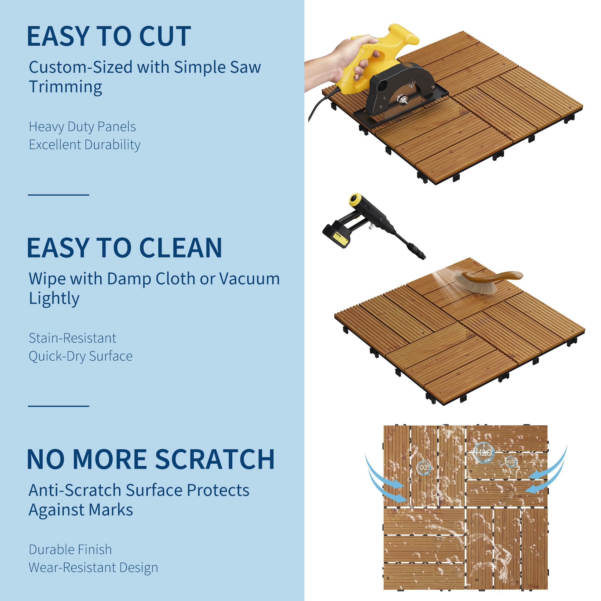 Brown acacia wood deck tiles shown being cut cleaned and protected from scratches
