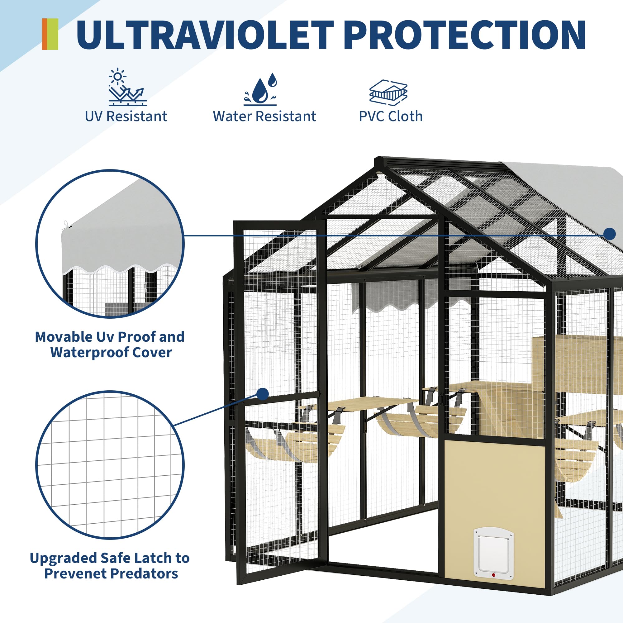 Black and yellow cat enclosure with UV resistant water resistant PVC cloth cover and mesh panel details