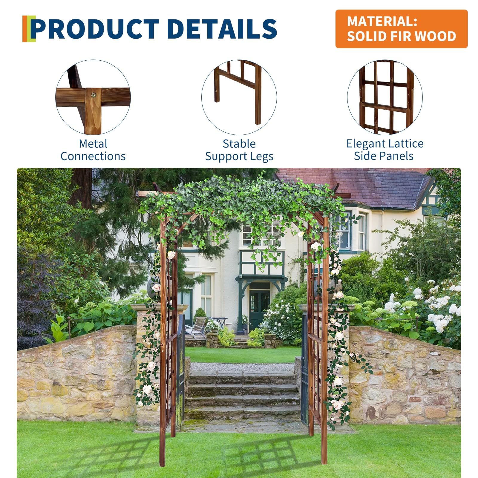 dark brown solid fir wood garden arbor showing lattice panels, support legs, and connection details