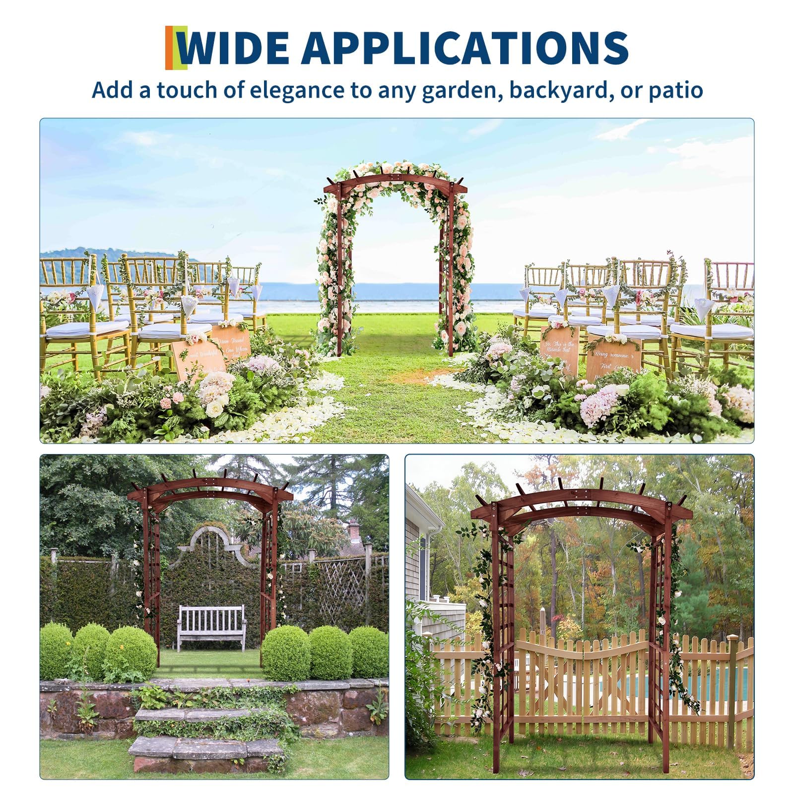 teak arched garden arbor shown at garden paths, entrances, and outdoor celebration settings