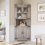 Garvee Farmhouse Corner Cabinet, Tall Corner Storage Cabinet with Barn Door & Adjustable Shelves, Bathroom Cabinet with Storage for Living Room, Kitchen, Bathroom, Washed Grey