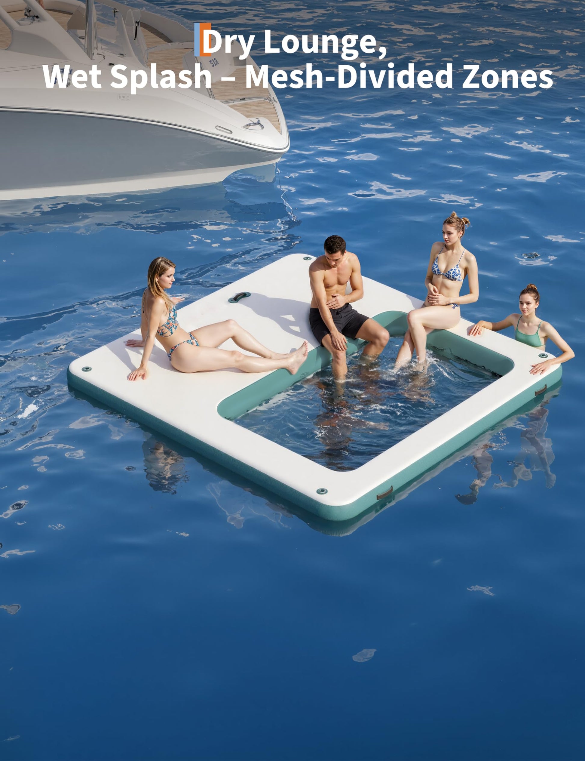 Inflatable water hammock with dry lounge edge and mesh splash center