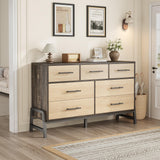Garvee 7 Drawer Dresser with Metal Legs & Anti-Tip Device, Wooden TV Cabinet for Bedroom Living Room, Supports TVs Up to 60", Spacious Storage, Durable Wood Finish - Natural Oak + Black