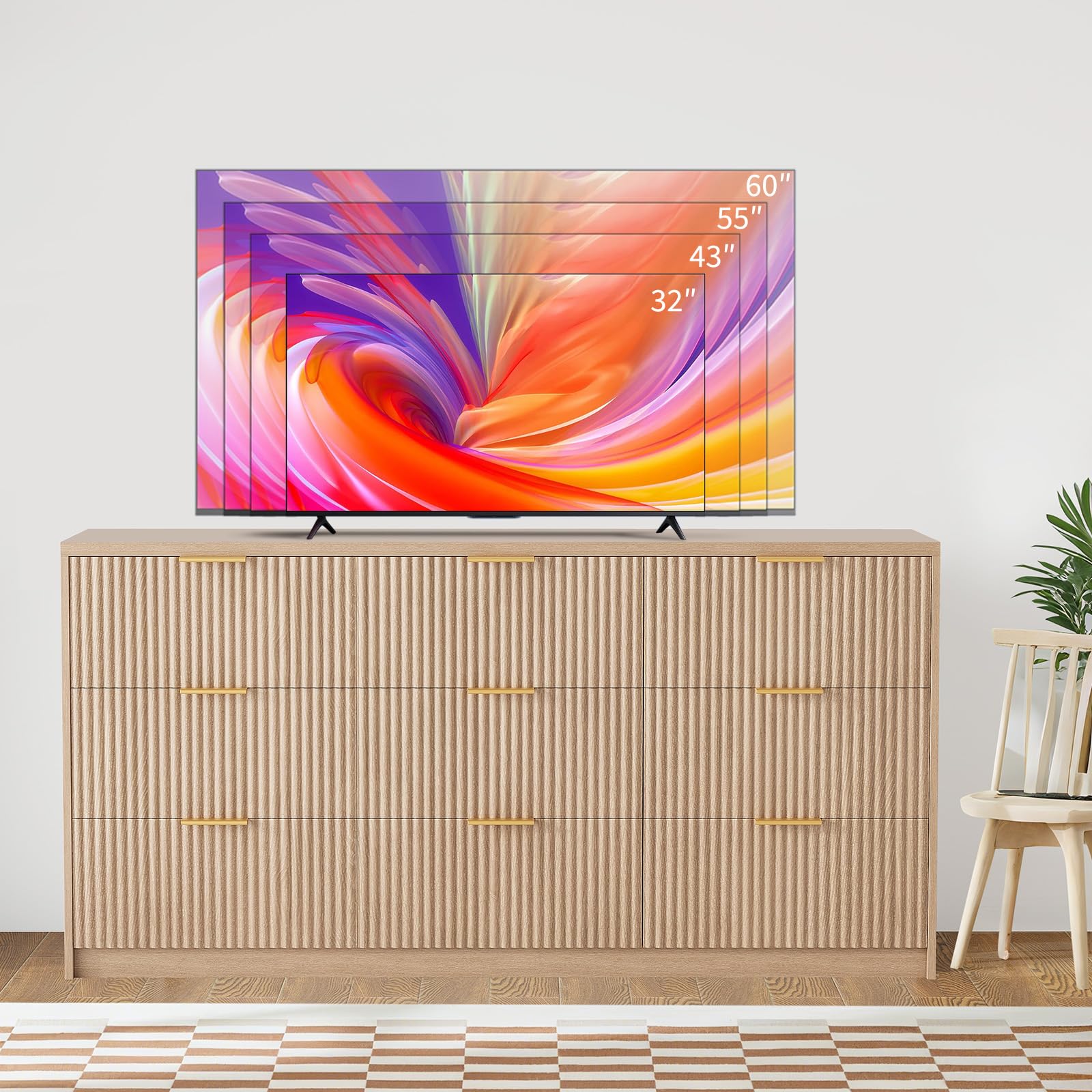 Wood dresser used as TV stand with size guide