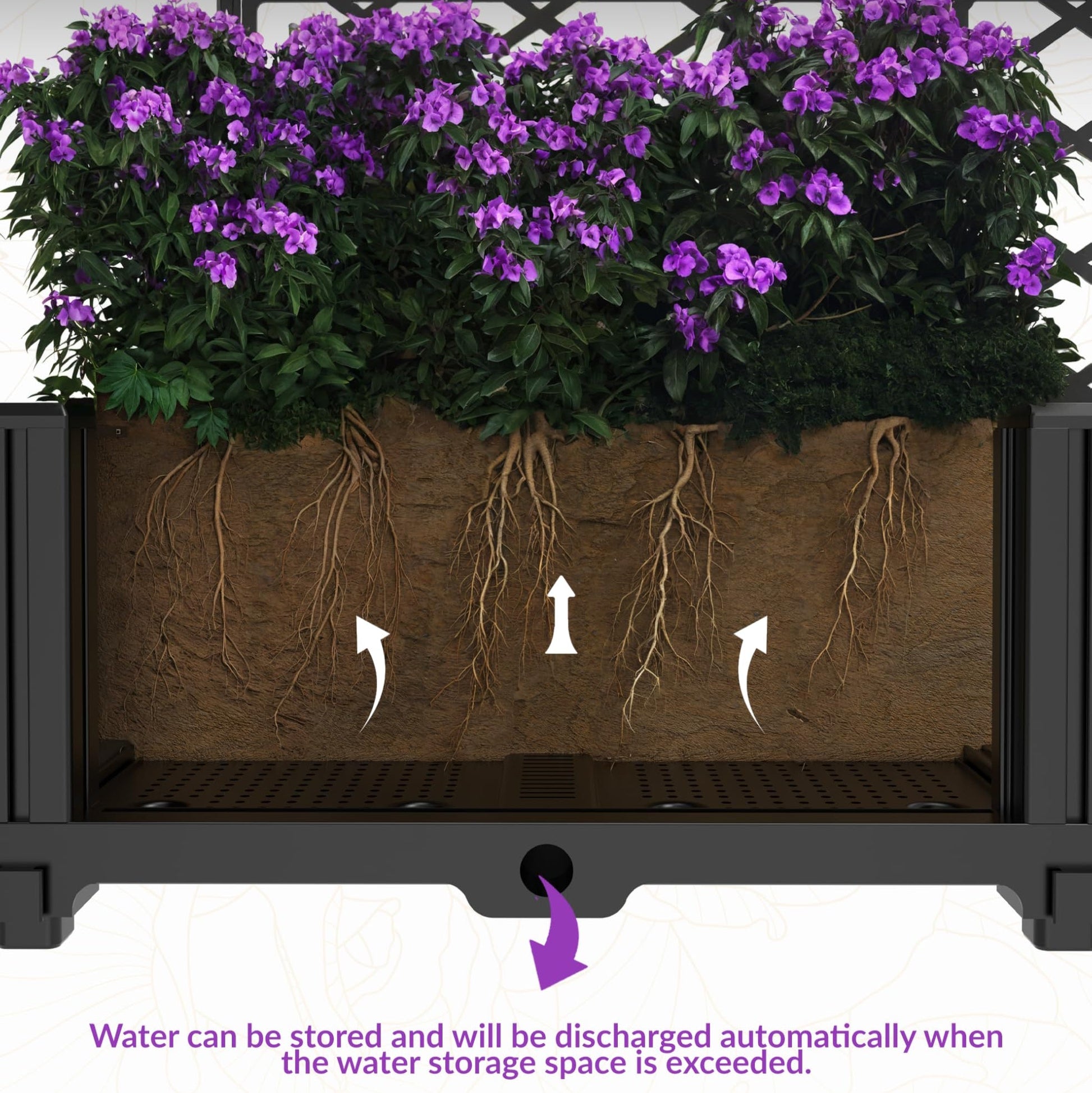 Planter box base with drainage-friendly water management design