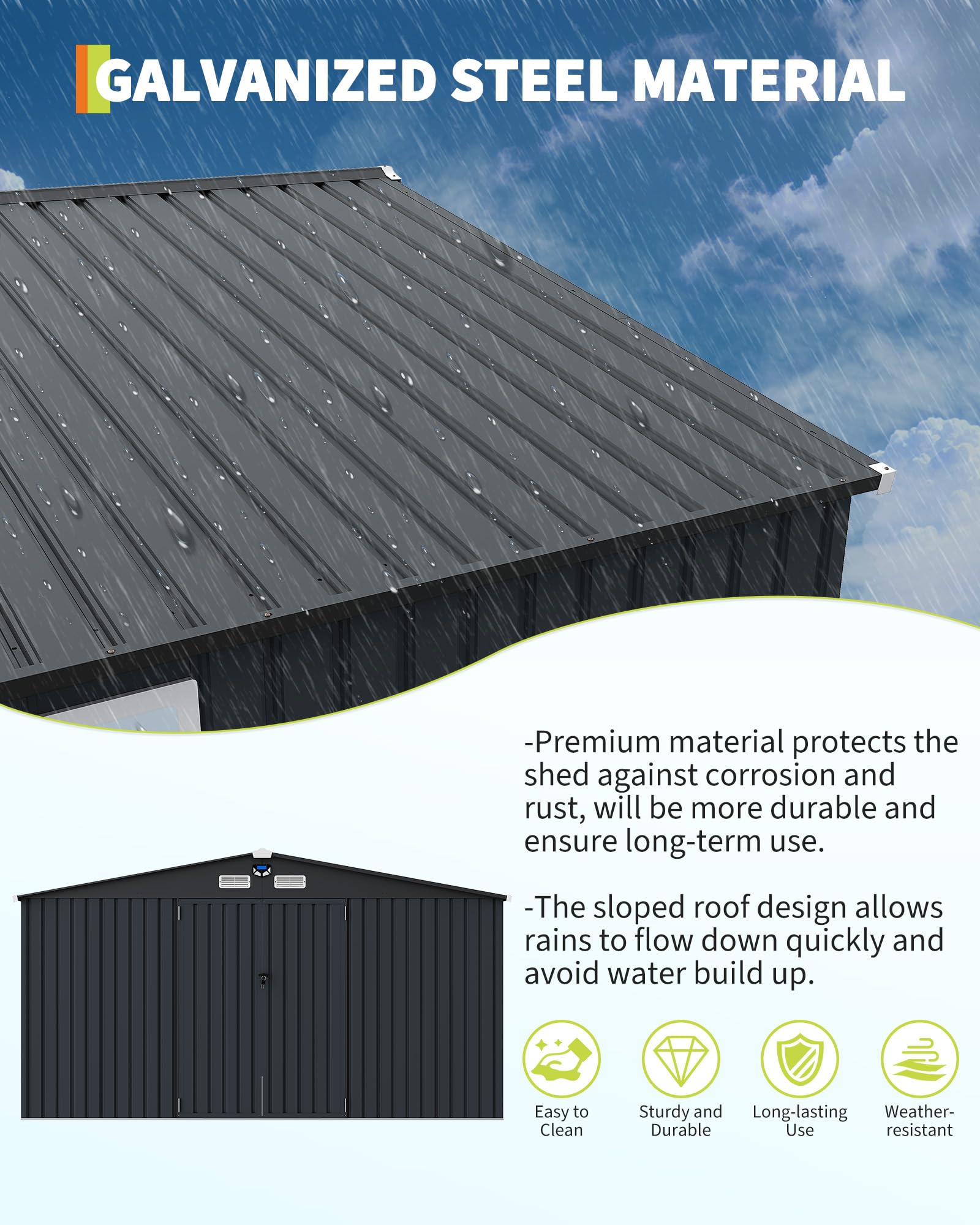 Galvanized steel material and sloped roof on dark gray storage shed