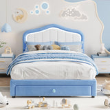Garvee Full Upholstered Bed Frame with Storage Drawer and Smart LED Headboard, Princess Full Size Platform Bed for Kids, Blue, Multi-Function RGB Lighting - Blue White