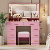 Garvee 42" LED Makeup Vanity Desk with Large Mirror, 8 Drawers, Charging Station for Bedroom Dressing Room, Pink - Pink