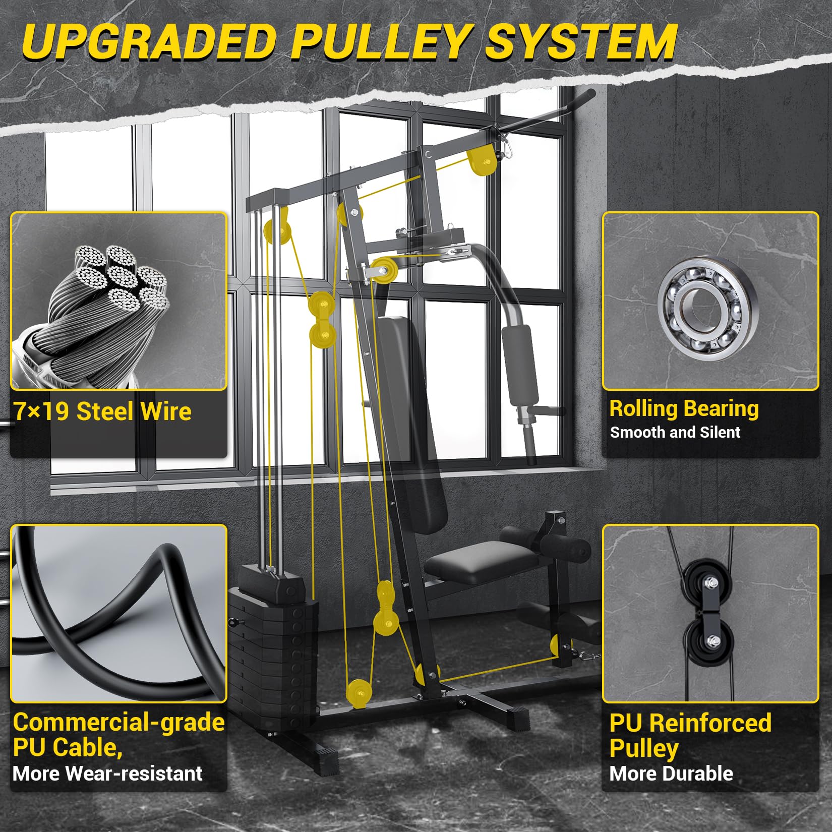 Upgraded pulley system with PU cable, steel wire, and rolling bearings