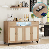 Garvee Rattan Sideboard Buffet Cabinet with Storage 47 Inch Wooden Accent for Living Room Dining Room, 4 Doors, 2 Drawers, LED Lights, Power Outlet, Adjustable Shelves - Natural