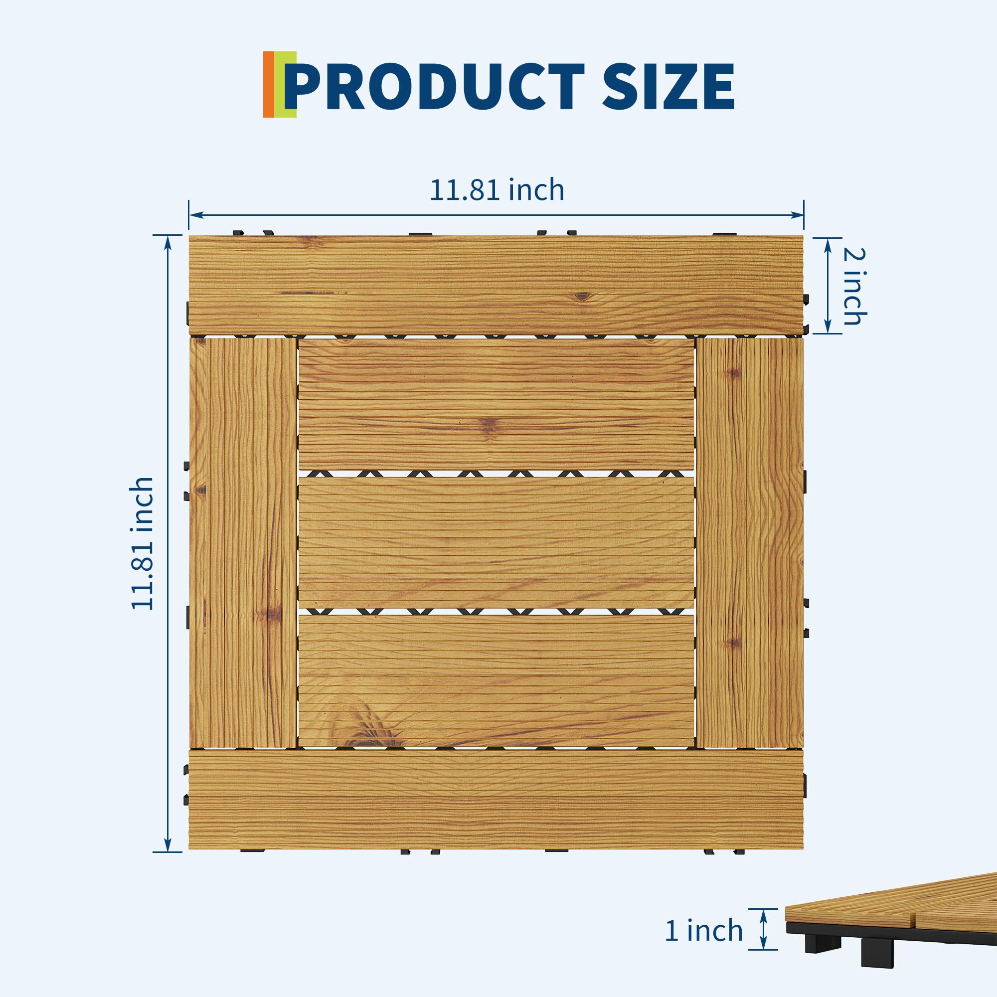 Dimension diagram for a 12" square acacia wood deck tile