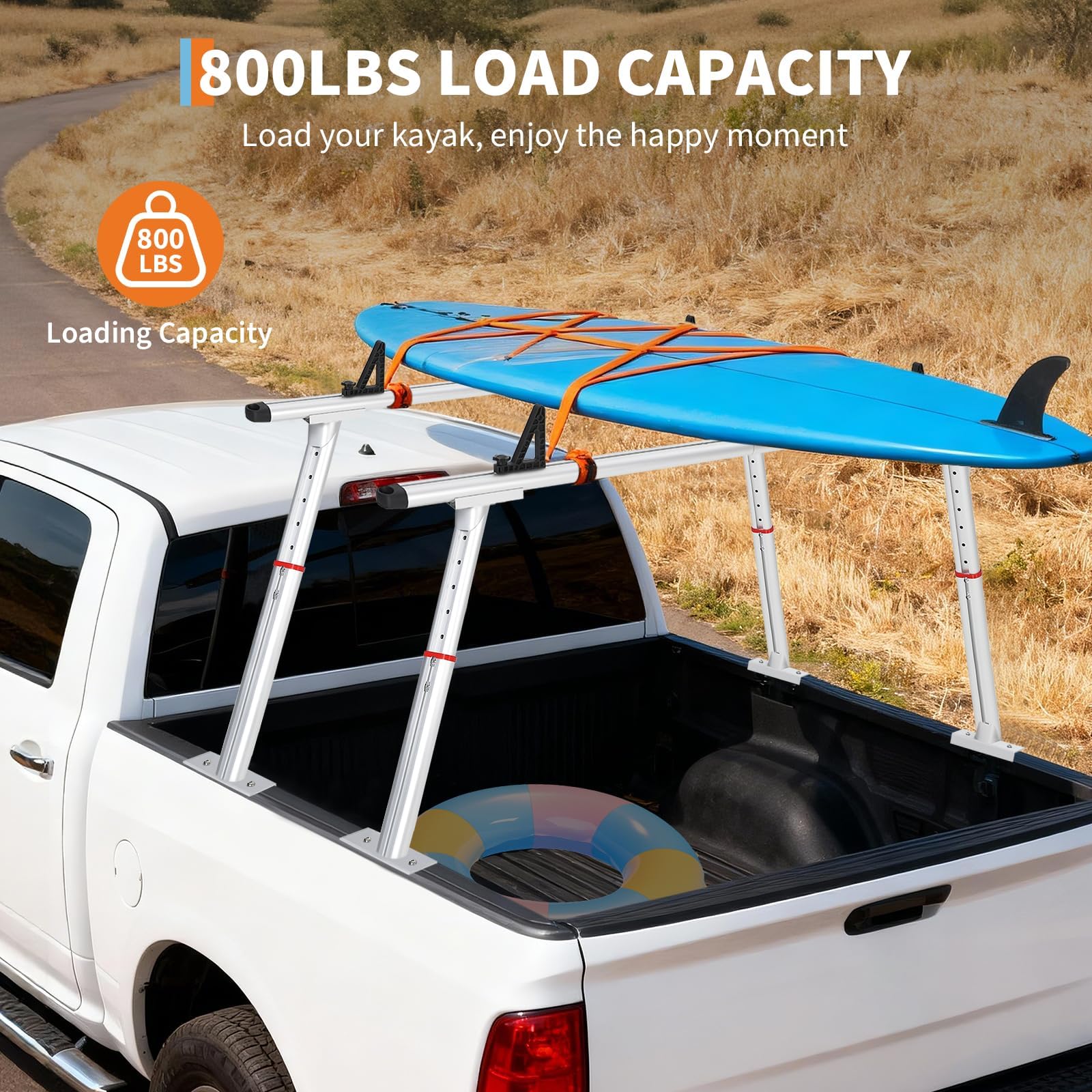 silver adjustable aluminum truck ladder rack carrying a kayak above a pickup bed with an 800 lb capacity label