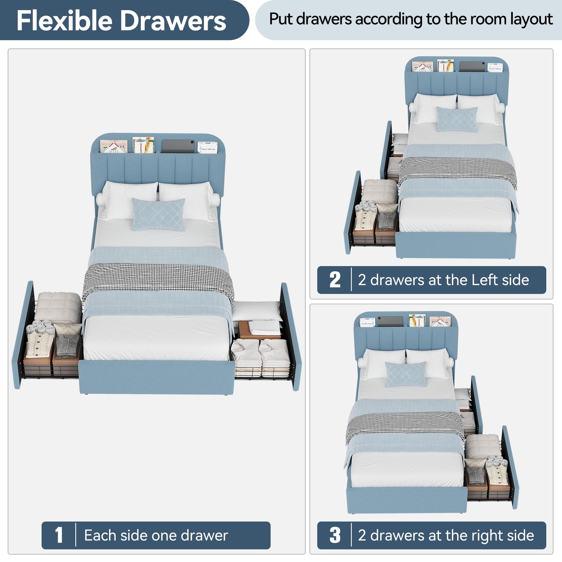 Flexible drawers layout under kids twin bed