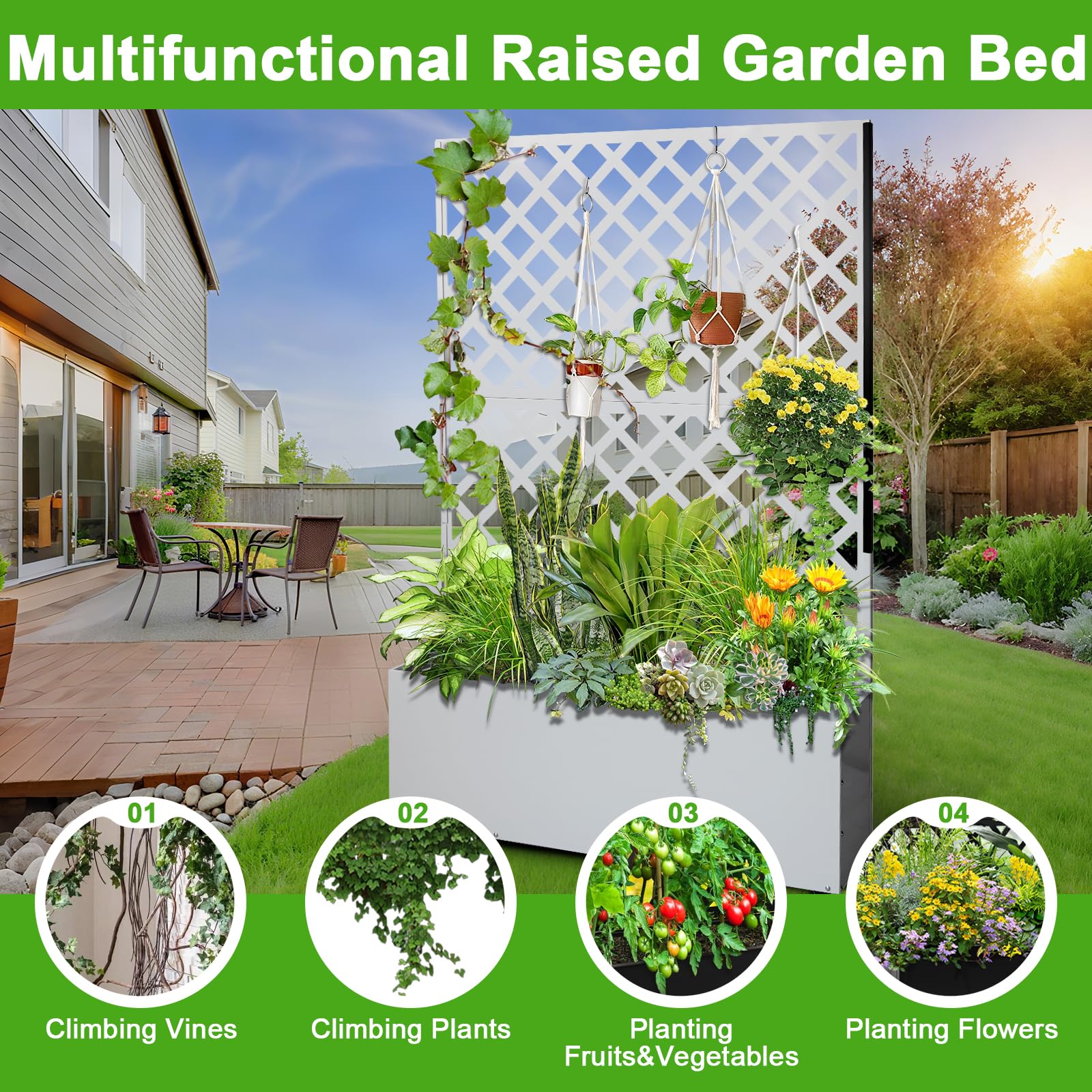 white raised garden bed with diamond trellis supporting climbing flowers and hanging planters
