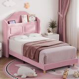 Garvee Twin Bed Frame for Kids, Upholstered Velvet Princess Platform Bed with Wingback, Storage Bookcase Headboard & LED Light, Pink, Twin Size - Pink