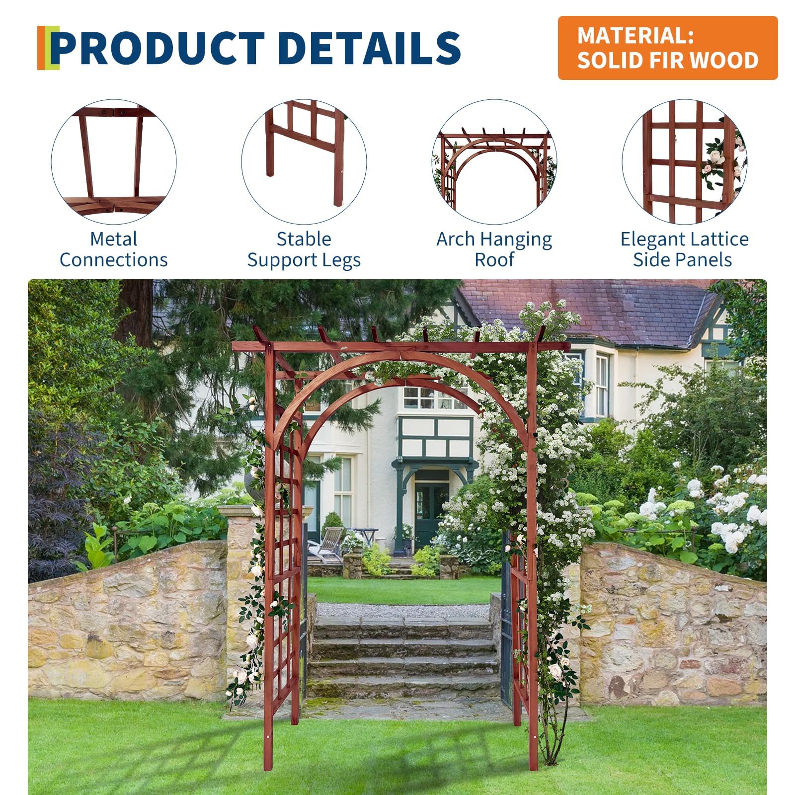 teak solid fir wood garden arbor with layered flat beams, double arches, lattice panels, and connection details