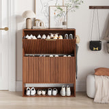 Garvee Fluted Shoe Storage Cabinet Slim Hidden Shoe Rack with 2 Flip Drawers & Bottom Shelf for Entryway Closet Hallway, 31.5x11.81x40.16 in, Walnut - Walnut Wood Color