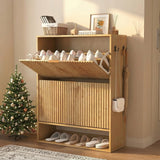Garvee Fluted Shoe Cabinet Narrow Storage Unit with 2 Flip Drawers & Bottom Open Shelf for Entryway or Hallway, Oak, Slim Design - Oak