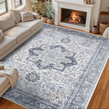 Garvee Machine Washable Rug 9x12 Neutral Floral Vintage Area Rug Light Blue Non-Slip for Living Room Bedroom Dining Room - Light Blue