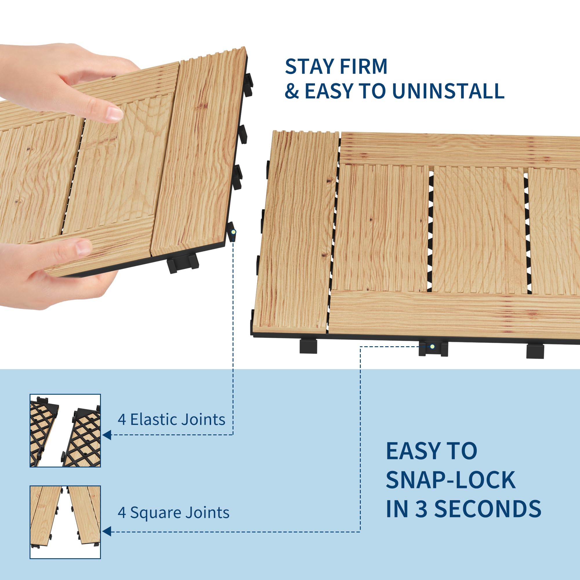 Hands connecting interlocking acacia wood deck tiles without tools