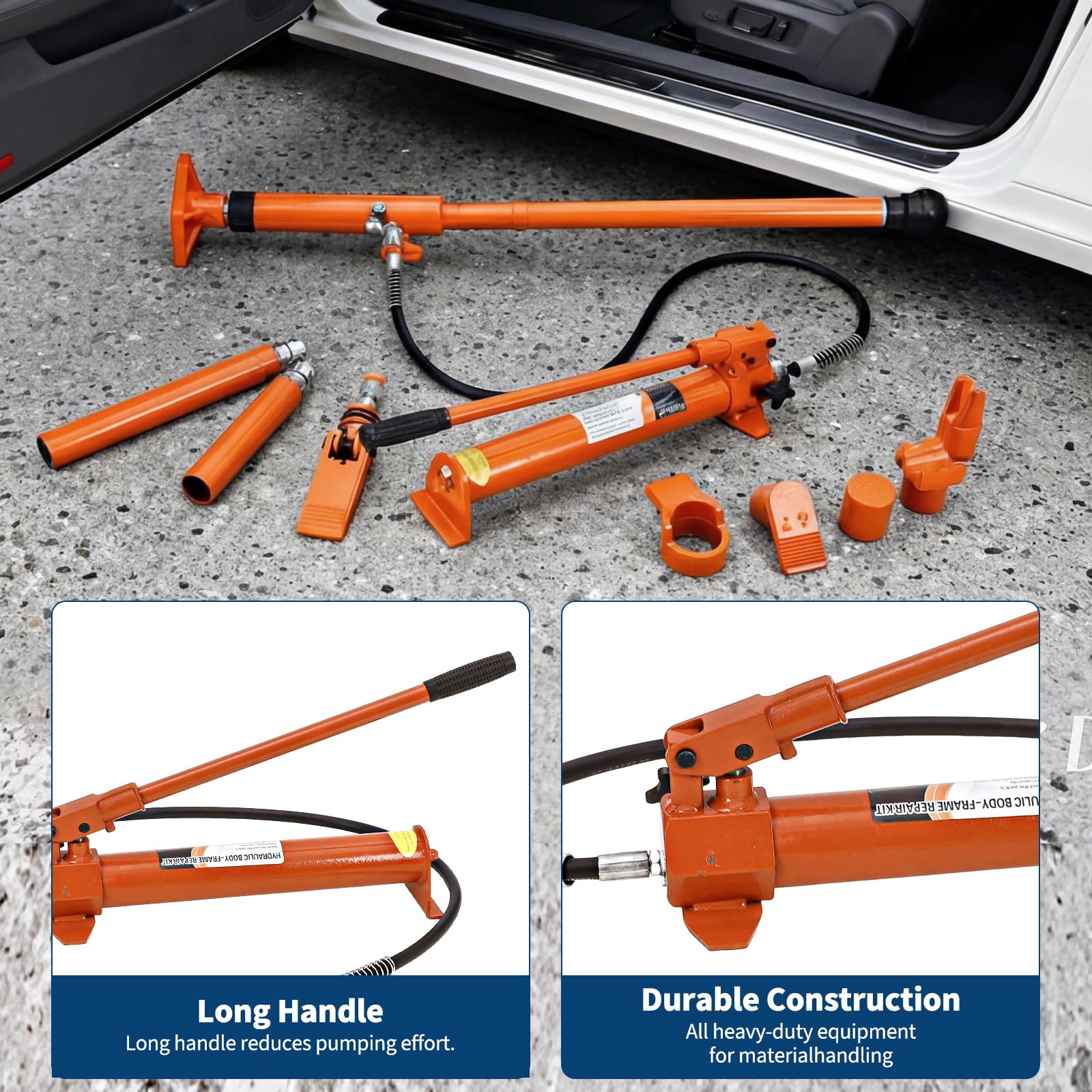 Orange porta power pump, ram, hose, and attachments beside a vehicle