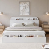 Garvee Queen Size Bed Frame With Storage Headboard And Raised-Footboard For Bedroom, Low Platform, White, Sturdy Wooden Slats Support - White