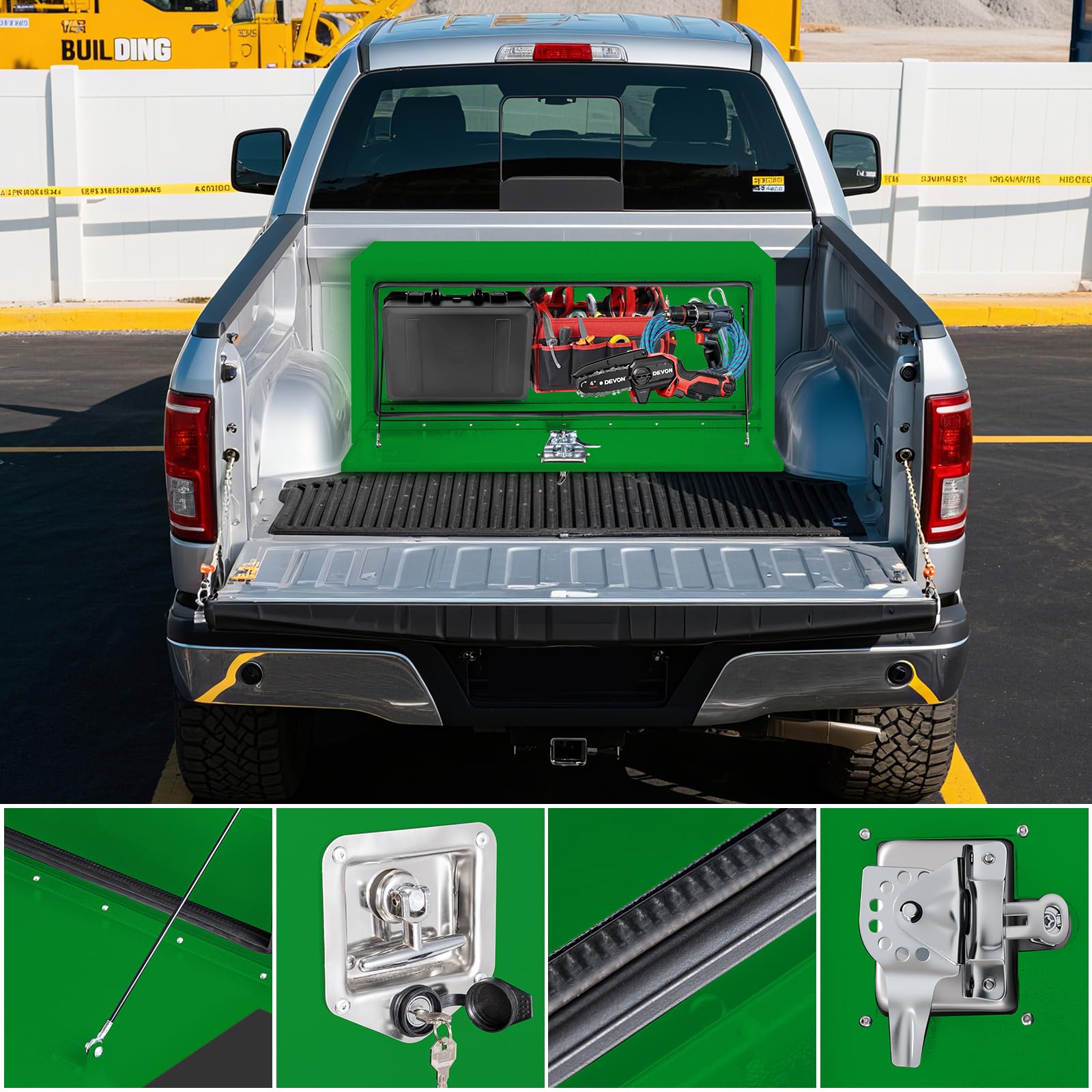 green underbody truck tool box used for garage and truck tool storage