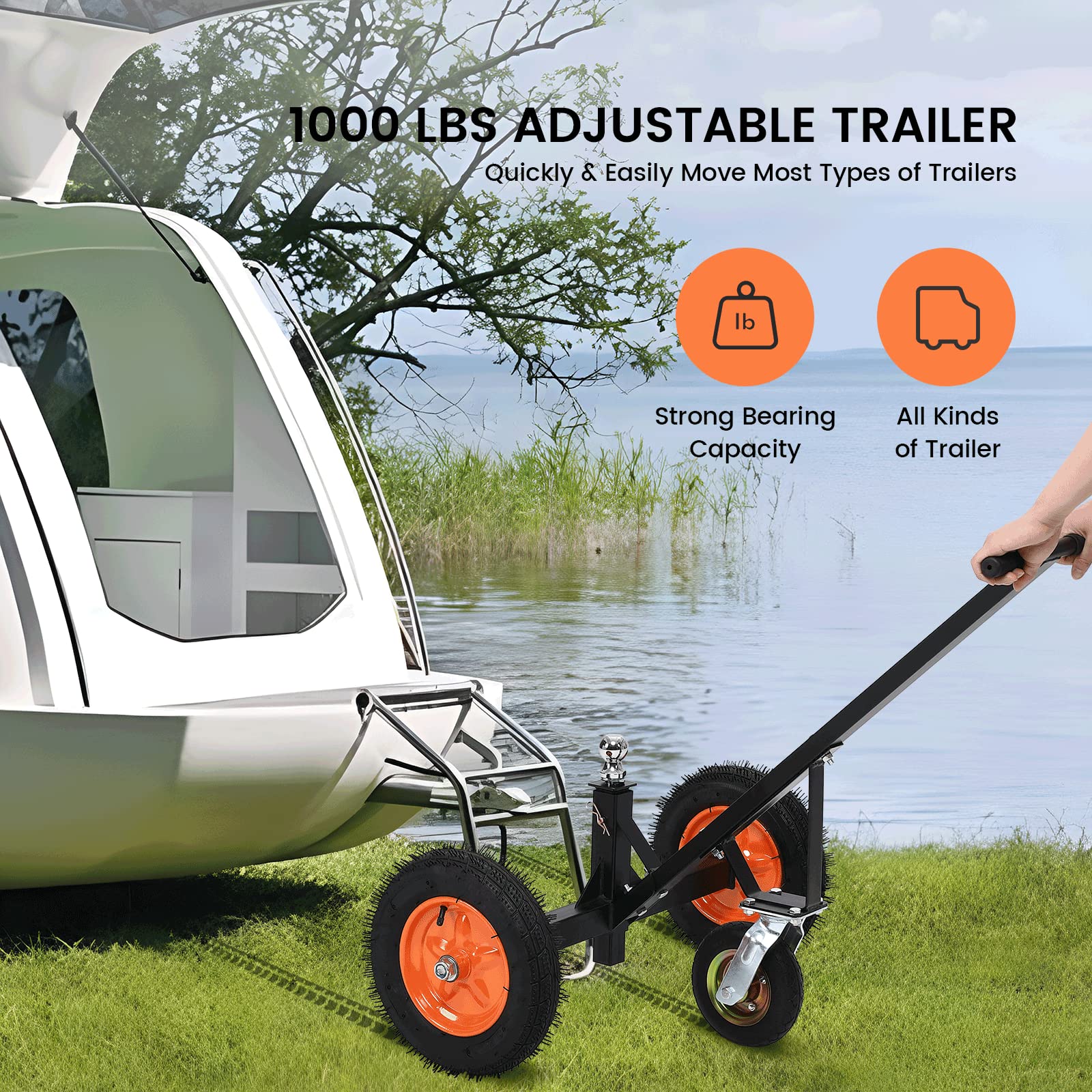 1000 lb adjustable trailer dolly shown with compatible trailer applications