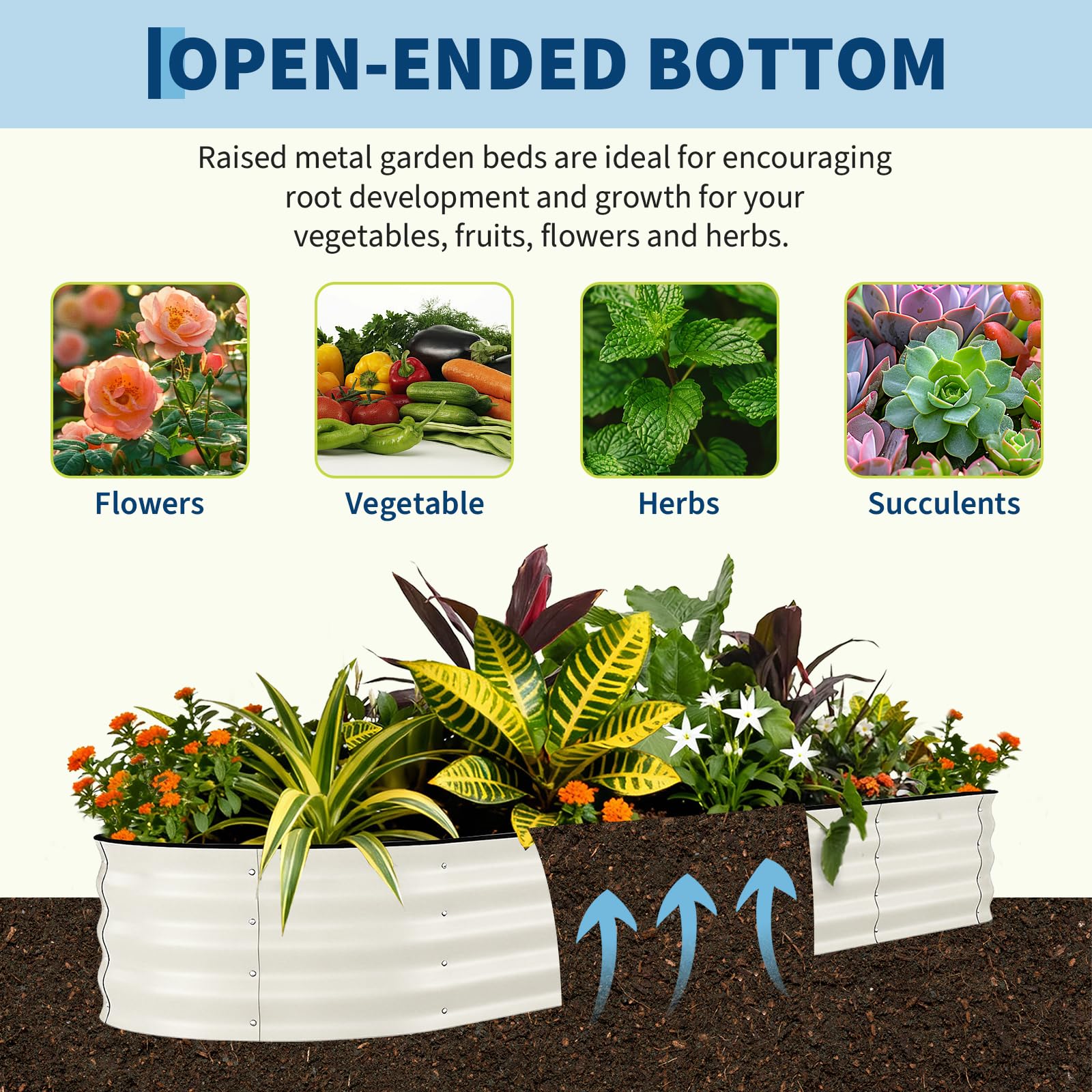 beige raised garden bed with open bottom for soil contact