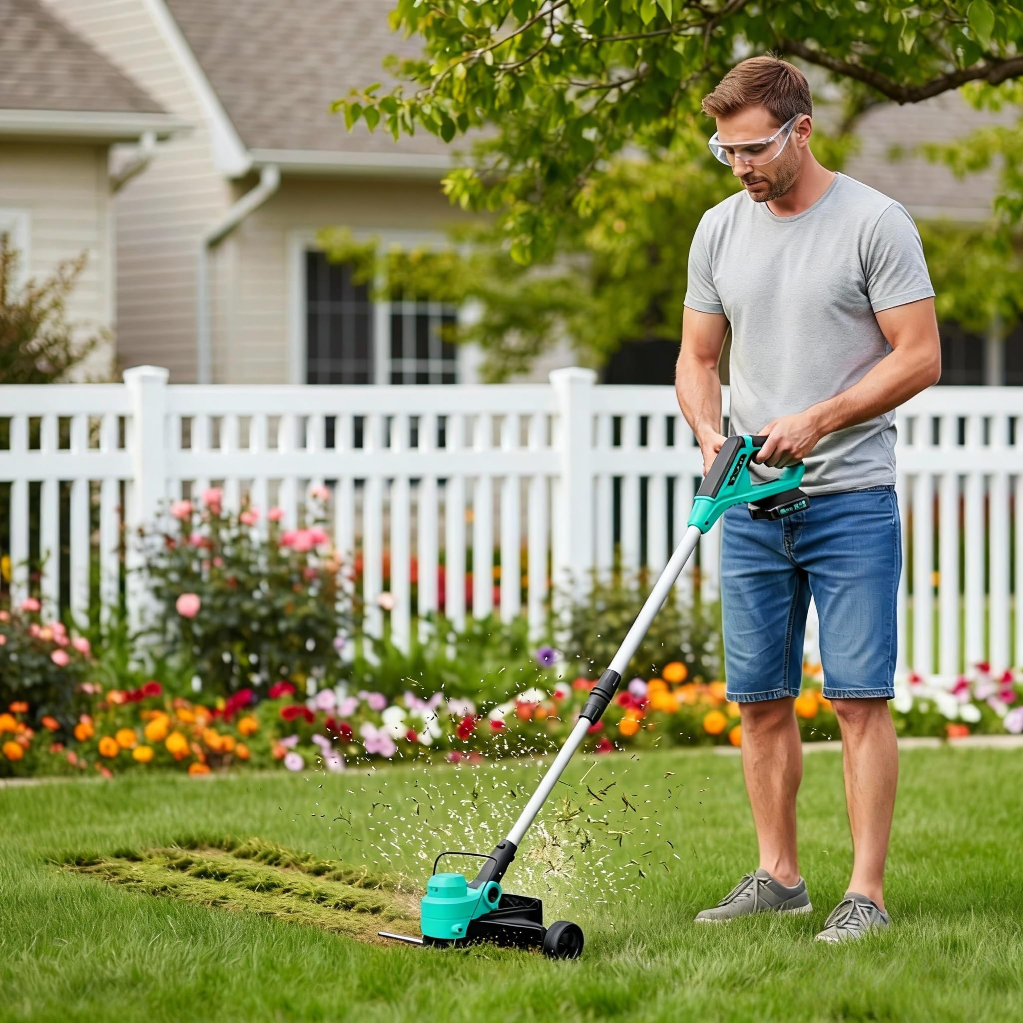 Lake Blue cordless string trimmer cutting grass in a backyard lawn