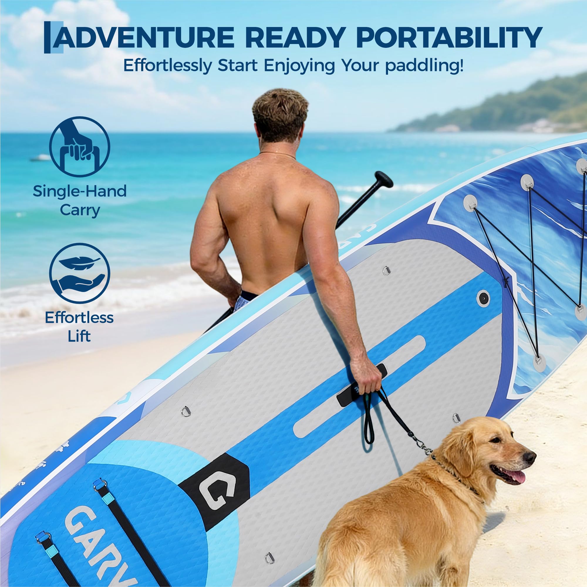 10'6" Ocean Blue Inflatable Paddle Board being carried beside the water for portable recreation