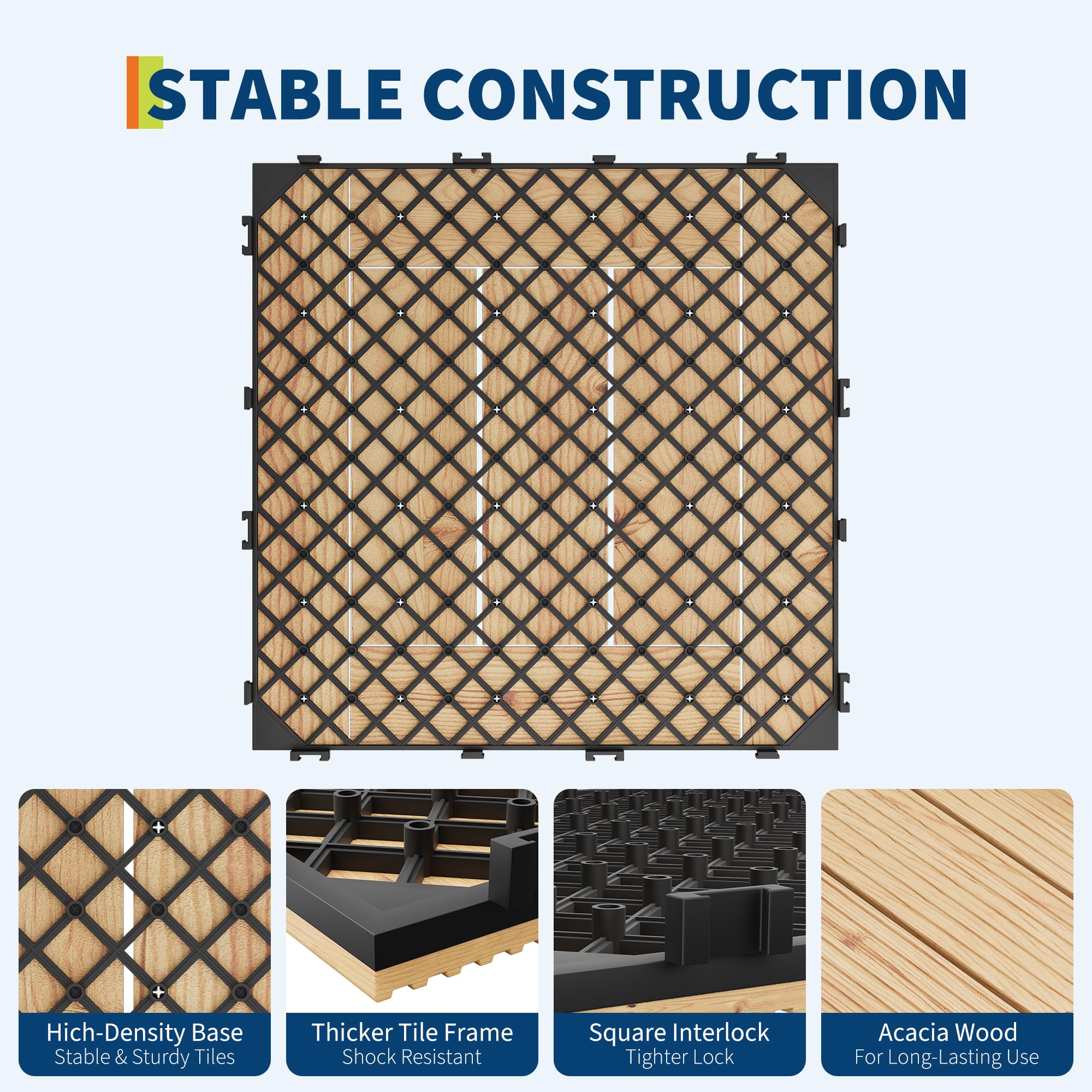 Reinforced plastic base and interlocking structure of acacia wood deck tile