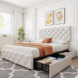 Garvee Queen Size Bed Frame with 4 Storage Drawers, Adjustable Headboard, Faux Leather, White, Platform Bed - White