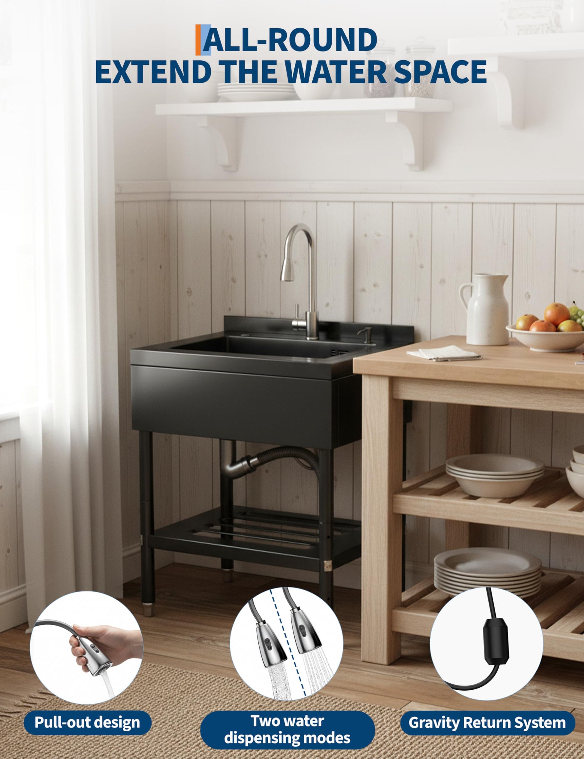 Pull-out faucet with extended reach and multiple spray functions