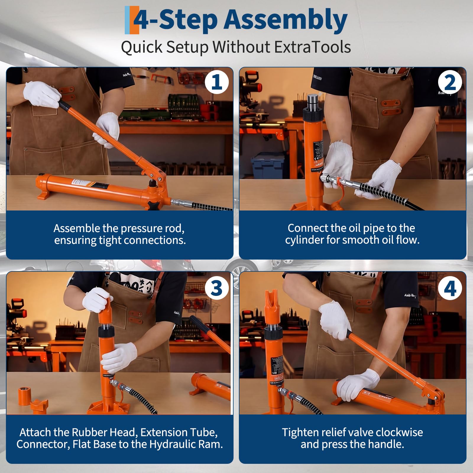 Four step assembly sequence for an orange hydraulic porta power kit