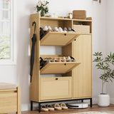 Garvee Shoe Cabinet with 3 Flip Drawers and 4-Tier Storage, Adjustable Shelves, Rattan Doors, Narrow Shoe Rack for Entryway, Closet, Hallway, White - Light Oak