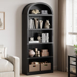 Garvee Bookcase 5 Shelf Arched Bookshelf Wooden Farmhouse Display Storage Rack for Home Office Living Room 71.65in Natural Wood - Black
