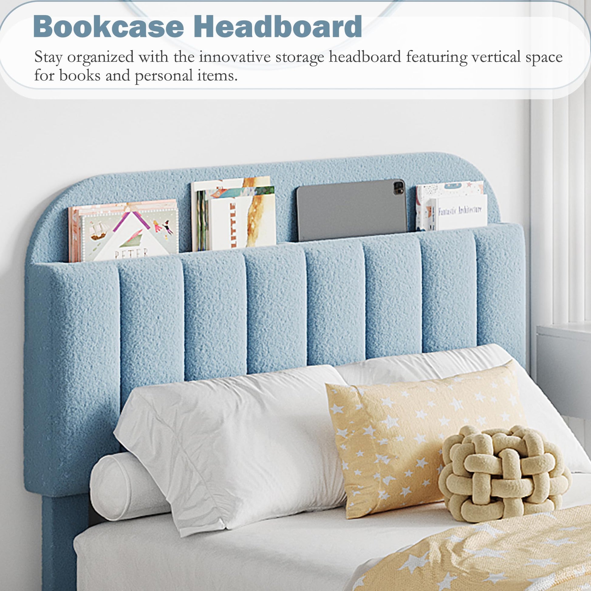 Bookcase headboard with storage for kids bed