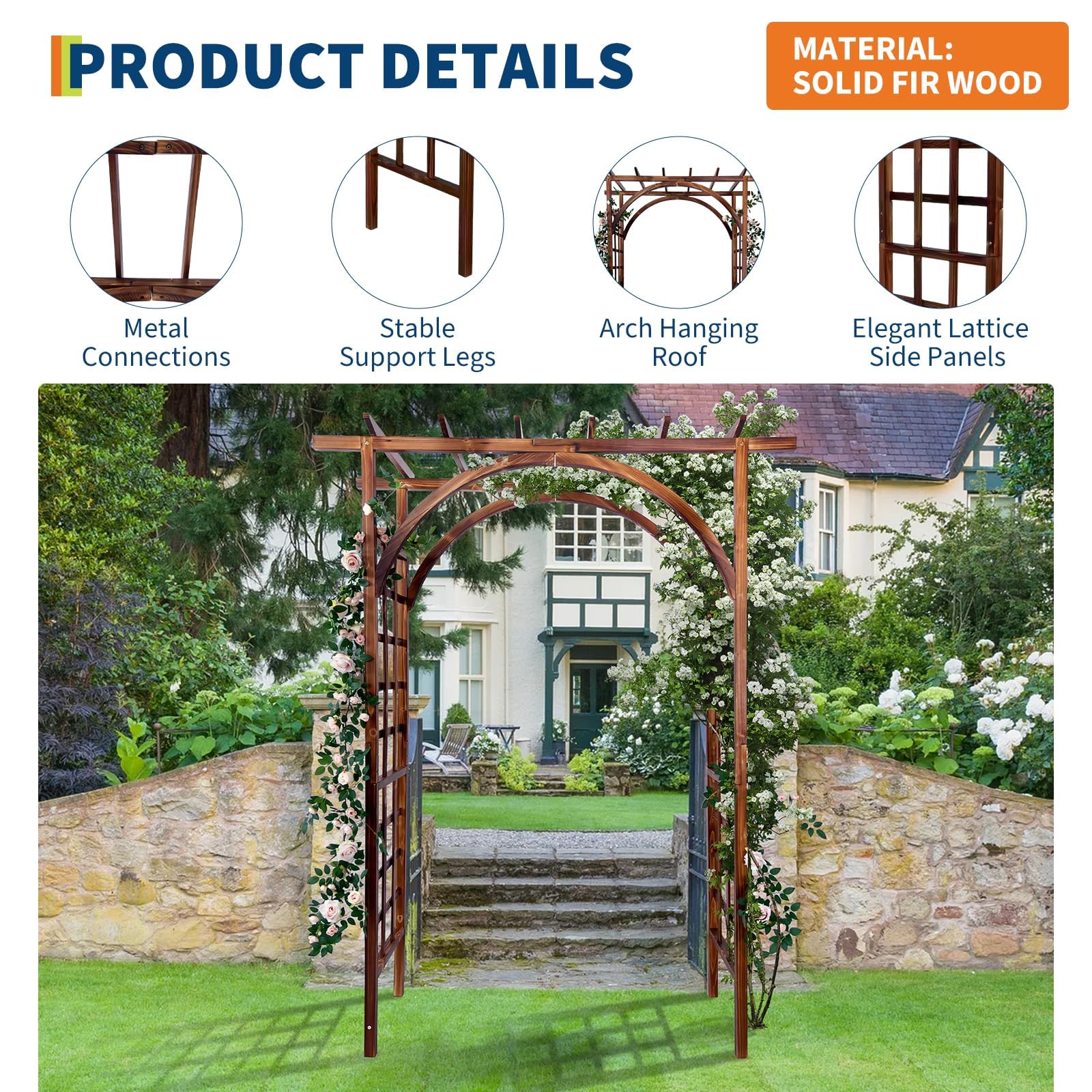 dark brown solid fir wood garden arbor with layered flat beams, double arches, lattice panels, and connection details