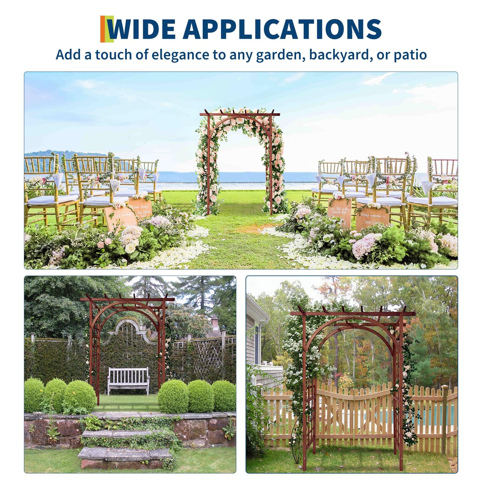 teak arched and flat top garden arbor shown at garden paths, entrances, and outdoor celebration settings