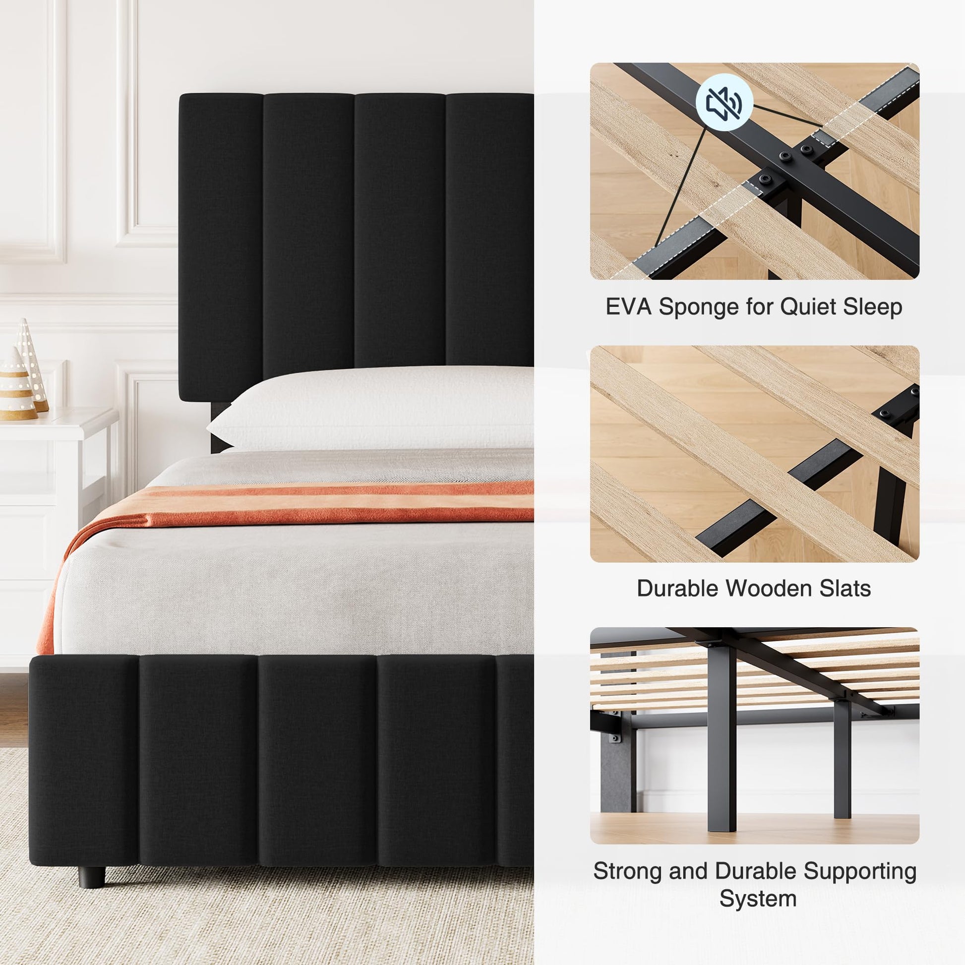 EVA sponge strips and wooden slats for quiet support