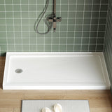 Garvee 60" x 32" Shower Base Left Drain Acrylic Fiberglass Slip Resistant Textured Surface Center Drain Removable Stainless Cover - White