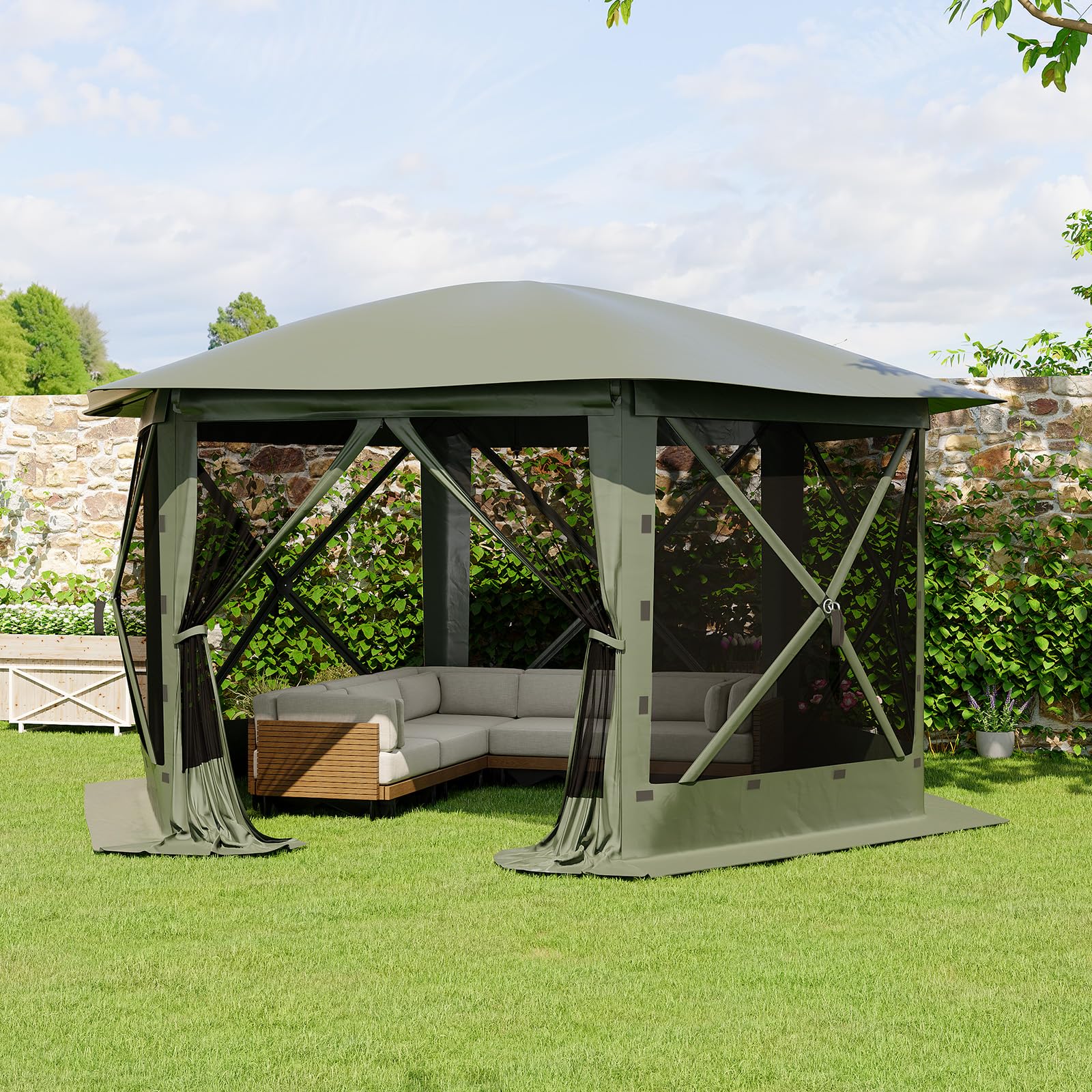 Open interior view of the Army Green six-sided pop up gazebo